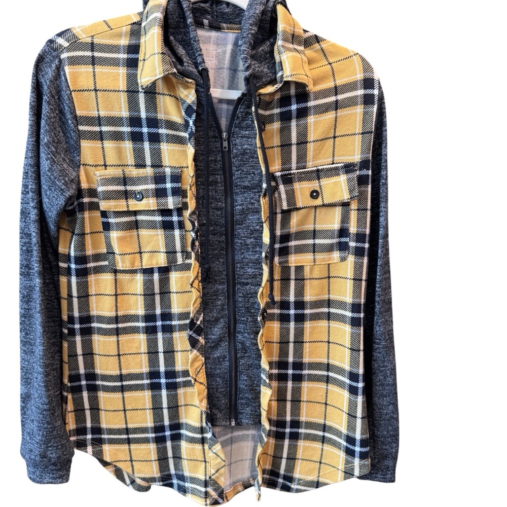 No Boundaries Yellow and Gray‎ Plaid Lightweight Faux Flannel Hoodie, Junior L